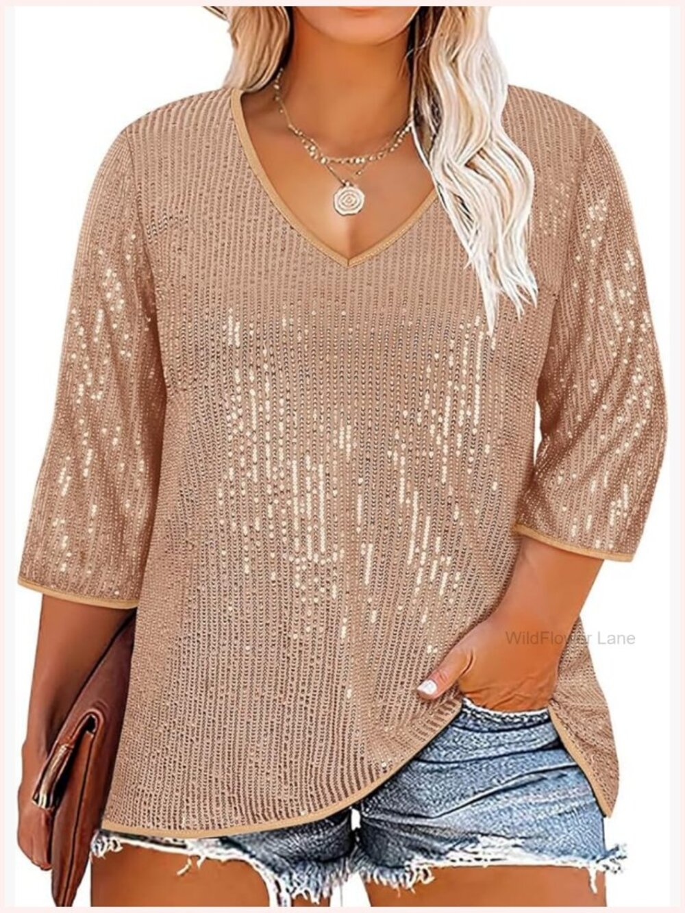 Plus Size Sequin Blouse Tunic 3/4 Sleeve V-Neck Sparkly Top Evening Wedding